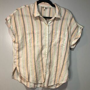 Lucky Brand Striped Workwear Shirt Women Button Front Short Sleeve Pocket Medium